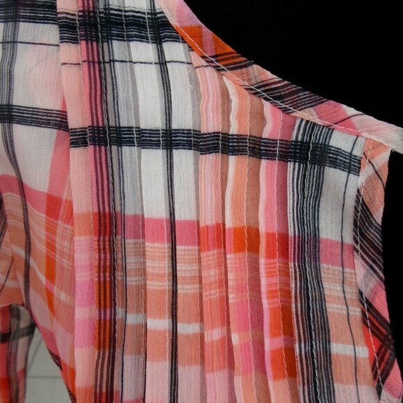 Tommy Hilfiger Plaid Loose Flowy Blouse Semi Sheer Sleeve Orange Pink Black S - Picture 4 of 10